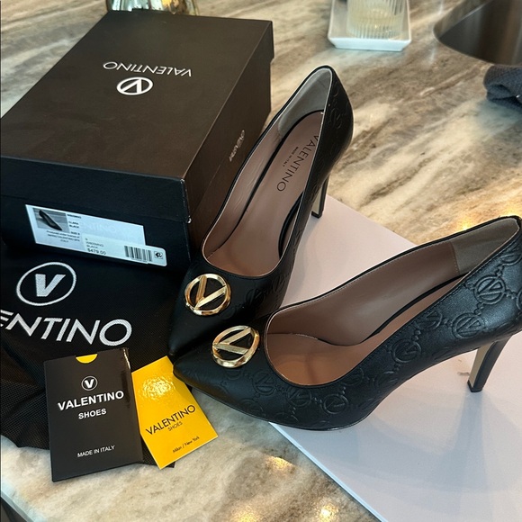 Valentino Shoes - Valentino Black Heels with Gold Logo Detail